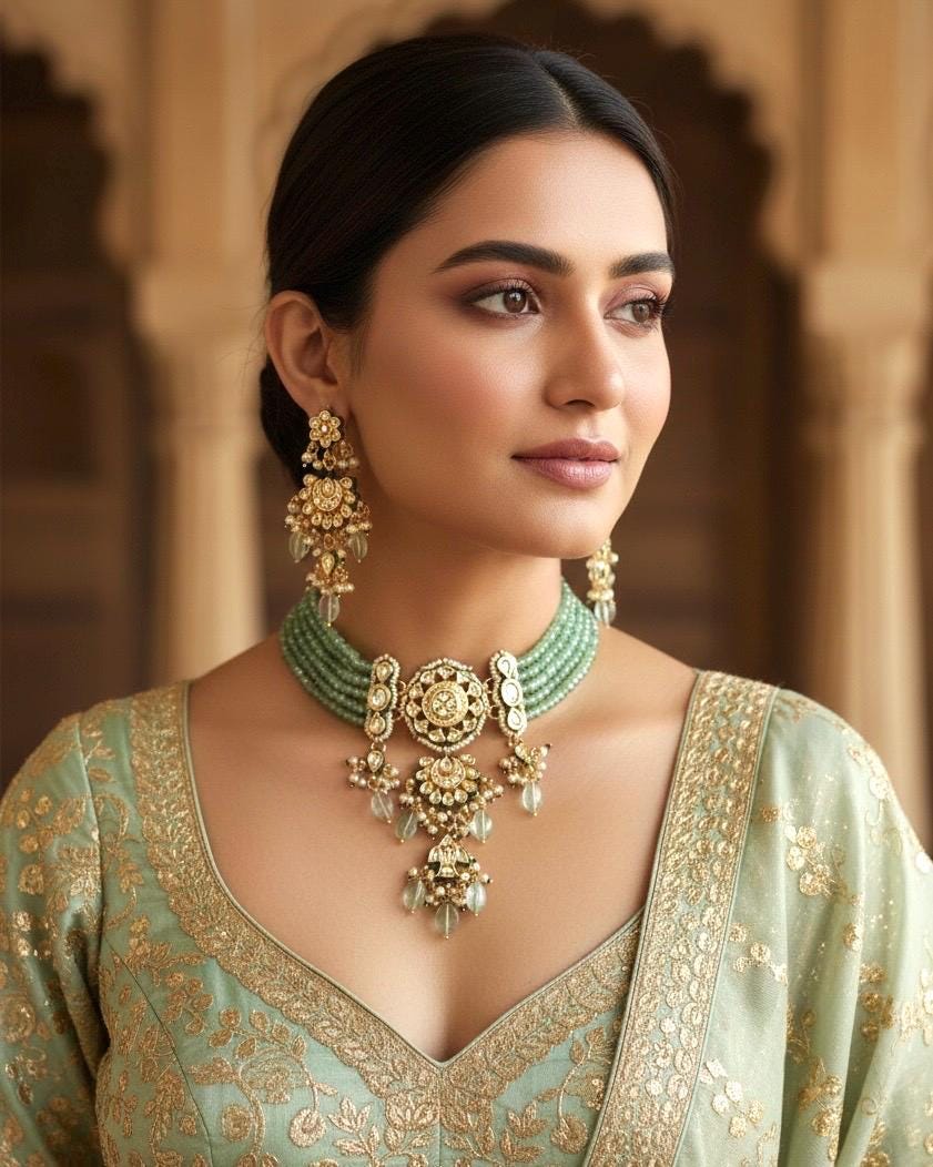NADIRA Sabyasachi inspired Mint  Fusion Kundan choker set, necklace set, indian wedding Rajwada jewelry/ pakistani jewelry