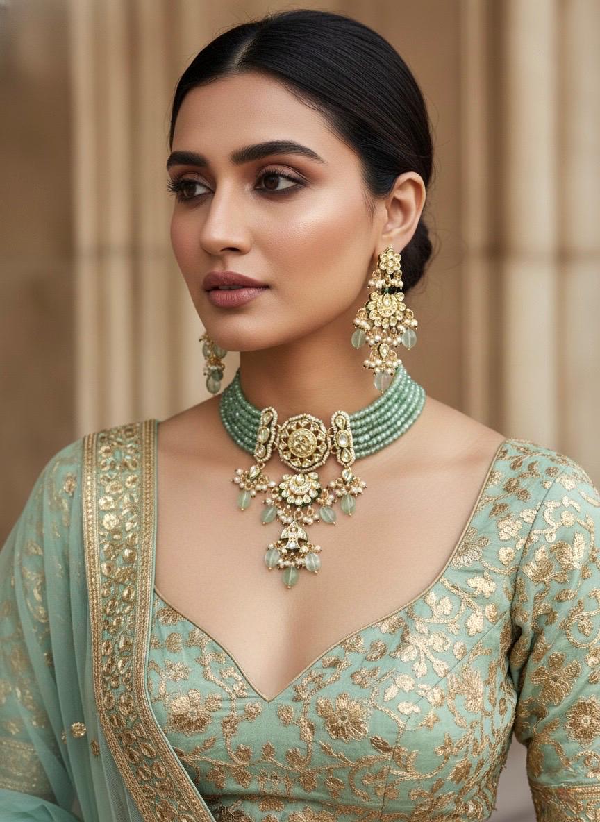 NADIRA Sabyasachi inspired Mint  Fusion Kundan choker set, necklace set, indian wedding Rajwada jewelry/ pakistani jewelry