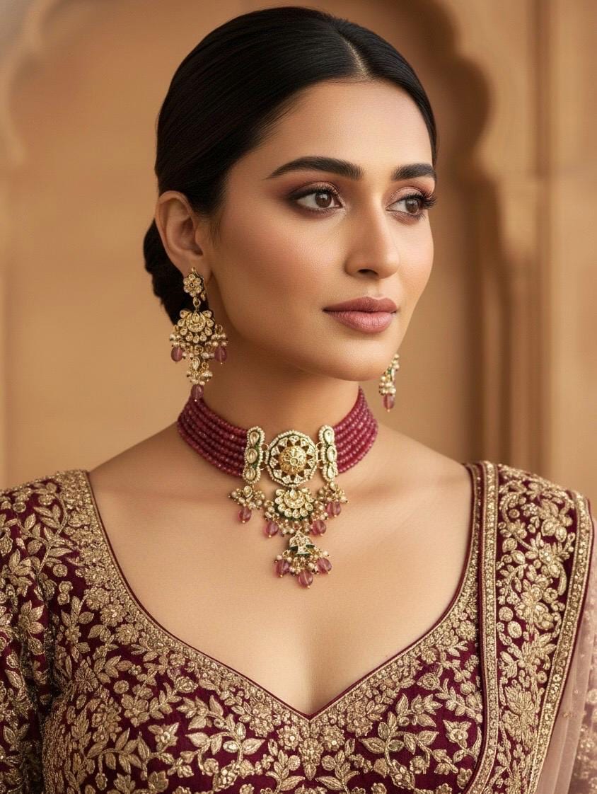 NADIRA Sabyasachi inspired Burgundy pink Fusion Kundan choker set, necklace set, indian wedding Rajwada jewelry/ pakistani jewelry