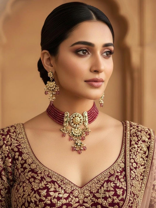 NADIRA Sabyasachi inspired Burgundy pink Fusion Kundan choker set, necklace set, indian wedding Rajwada jewelry/ pakistani jewelry