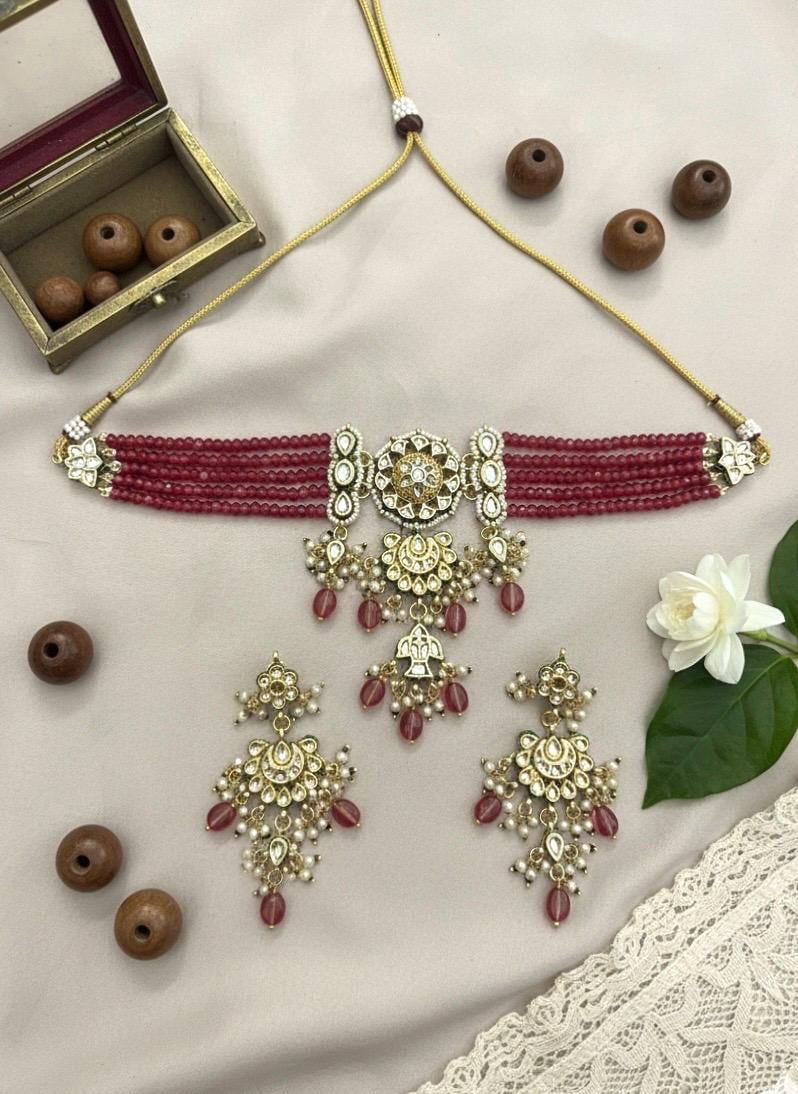 NADIRA Sabyasachi inspired Burgundy pink Fusion Kundan choker set, necklace set, indian wedding Rajwada jewelry/ pakistani jewelry