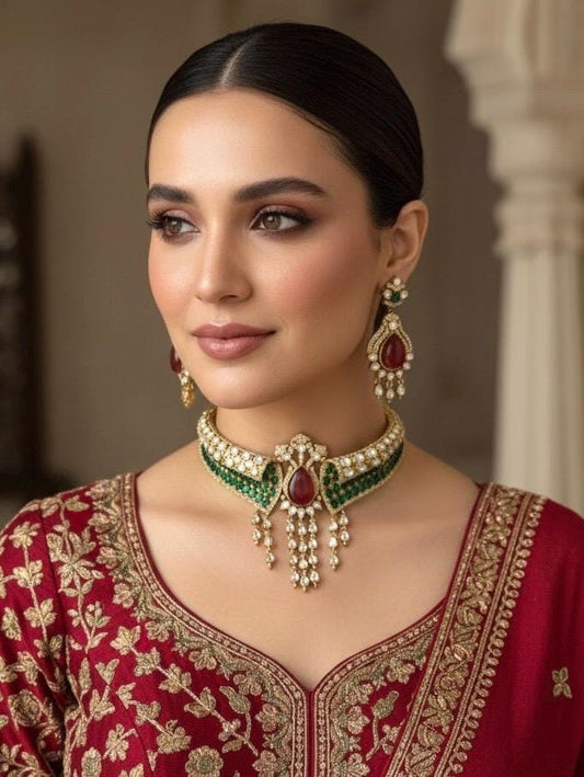 ARSHEYA Premium quality Ruby red and green Doublet Stone polki kundan choker Necklace Set ,Statement wedding bridal jewelry