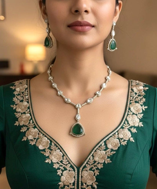 HIBA Emerald green doublet stone Necklace Set in Victorian Style
