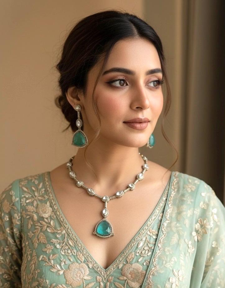 HIBA Mint green doublet stone Necklace Set in Victorian Style