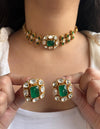 SABAA Emerald Green Doublet Stone kundan Choker with stud Earrings , emerald green sleek necklace set,Indian Pakistani bridal jewelry