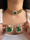 SABAA Emerald Green Doublet Stone kundan Choker with stud Earrings , emerald green sleek necklace set,Indian Pakistani bridal jewelry