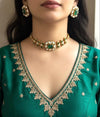 SABAA Emerald Green Doublet Stone kundan Choker with stud Earrings , emerald green sleek necklace set,Indian Pakistani bridal jewelry