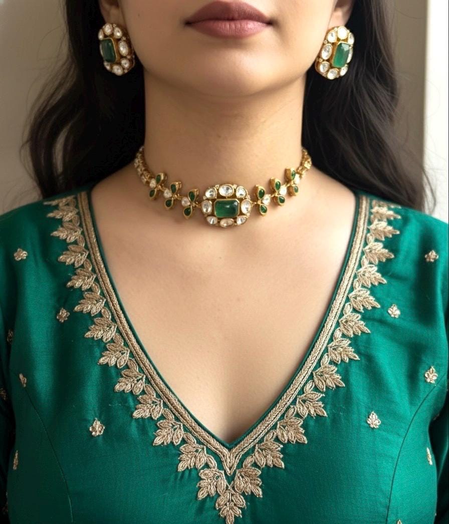 SABAA Emerald Green Doublet Stone kundan Choker with stud Earrings , emerald green sleek necklace set,Indian Pakistani bridal jewelry