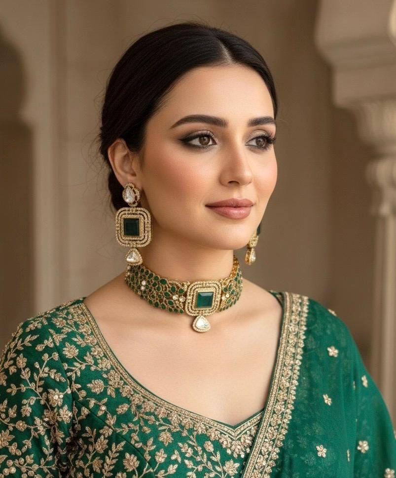 ZARINA Emerald green cz polki choker necklace set,Indian Pakistani green colour kundan wedding bridal jewelery
