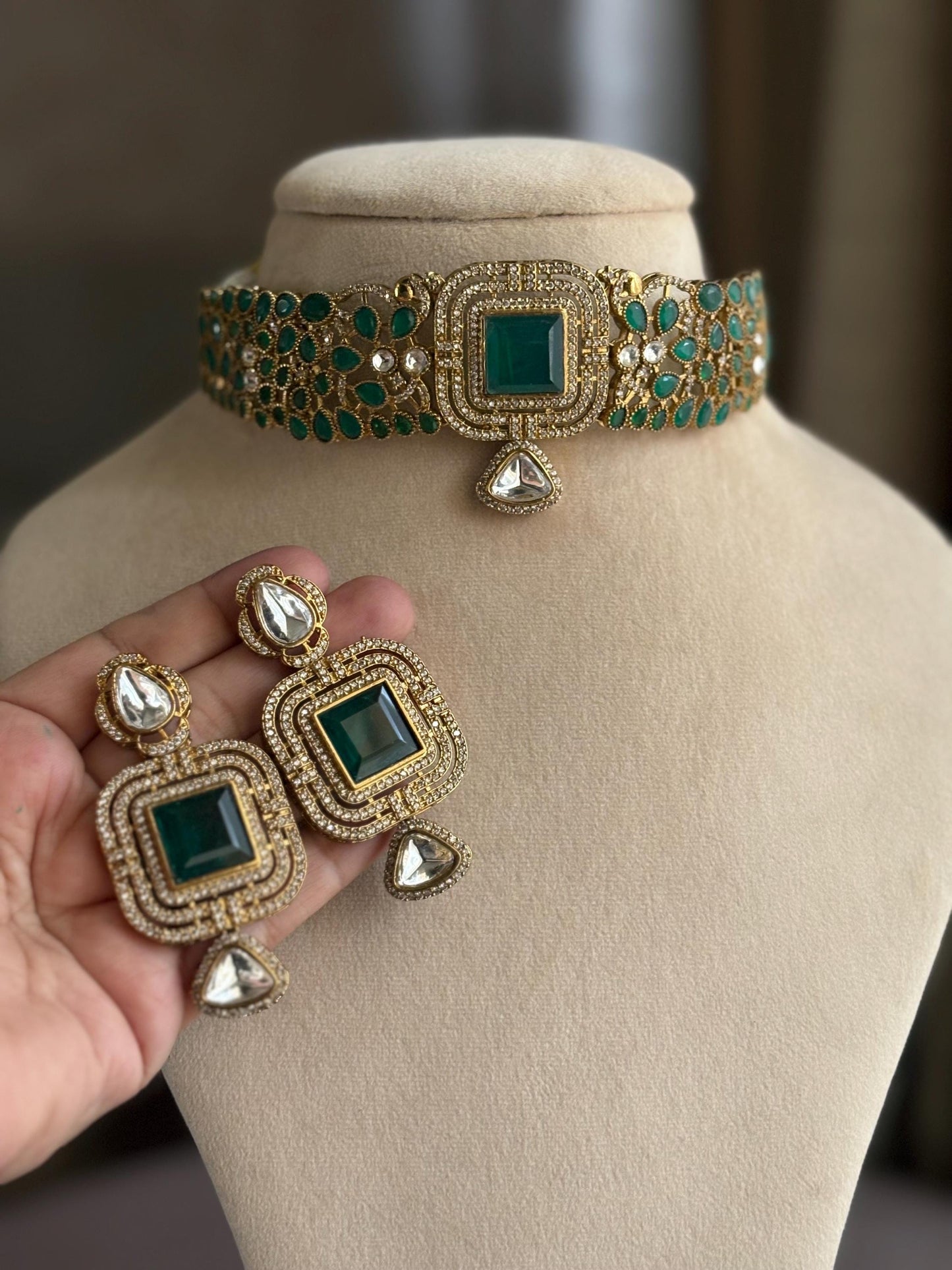 ZARINA Emerald green cz polki choker necklace set,Indian Pakistani green colour kundan wedding bridal jewelery