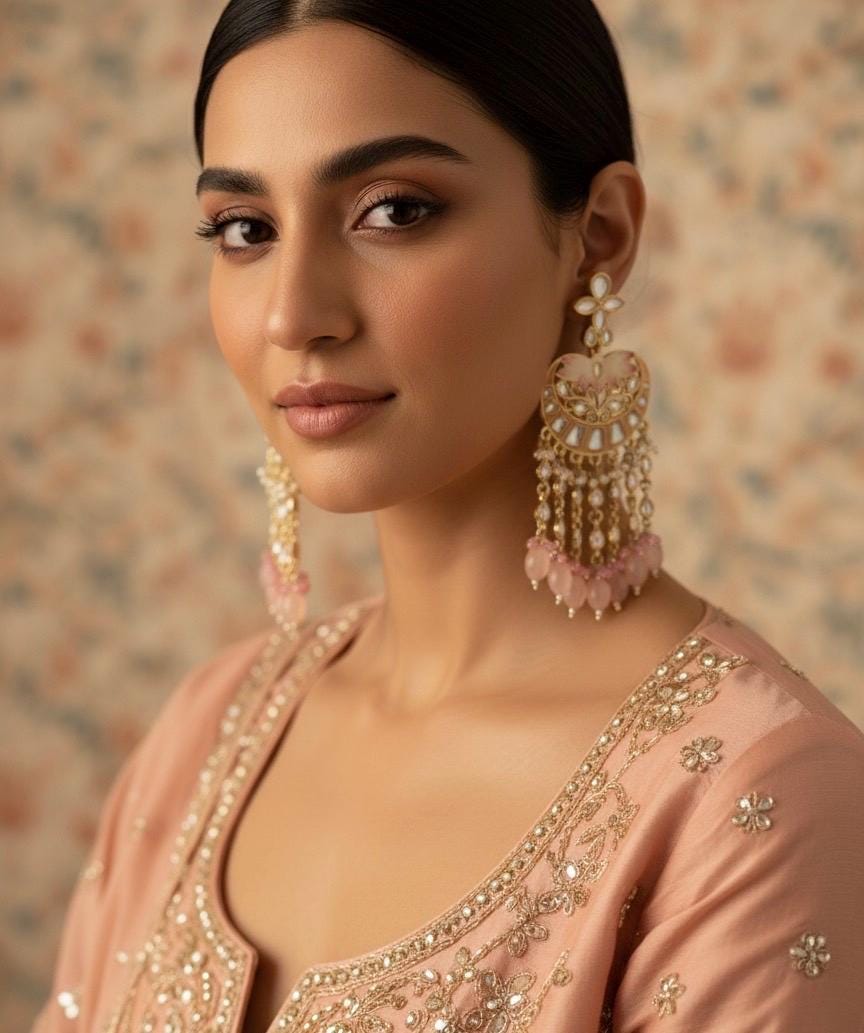 AVNI Peach Gold Tone Royal Kundan earrings / Indian dangler Earrings,Pakistani Wedding Jewelry/peach  bollywood danglers