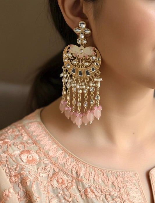 AVNI Peach Gold Tone Royal Kundan earrings / Indian dangler Earrings,Pakistani Wedding Jewelry/peach  bollywood danglers
