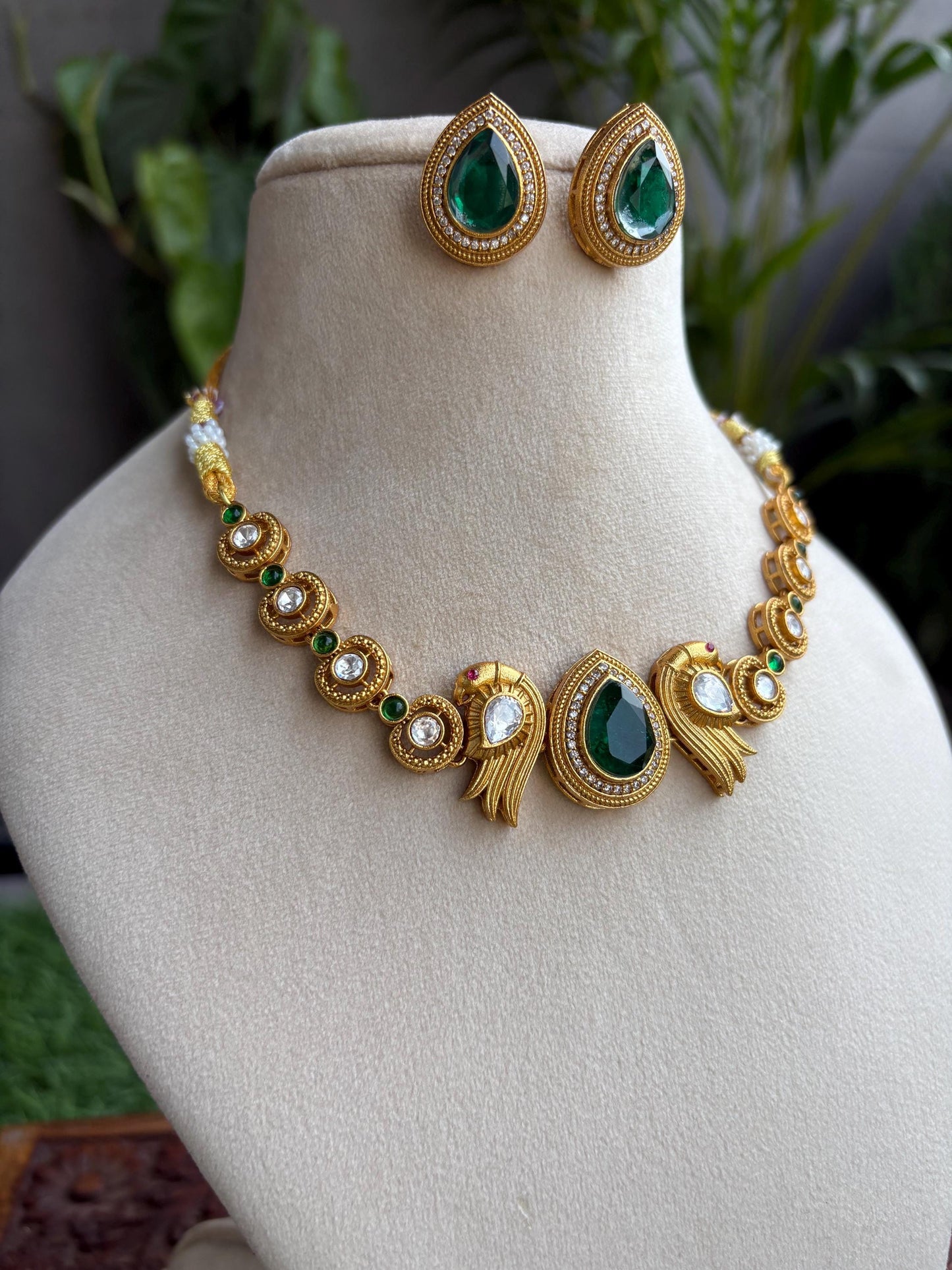 RHEA Gold polish green colour necklace set , Indian Bridal jewelery,green colour jewelry,golden polish necklace