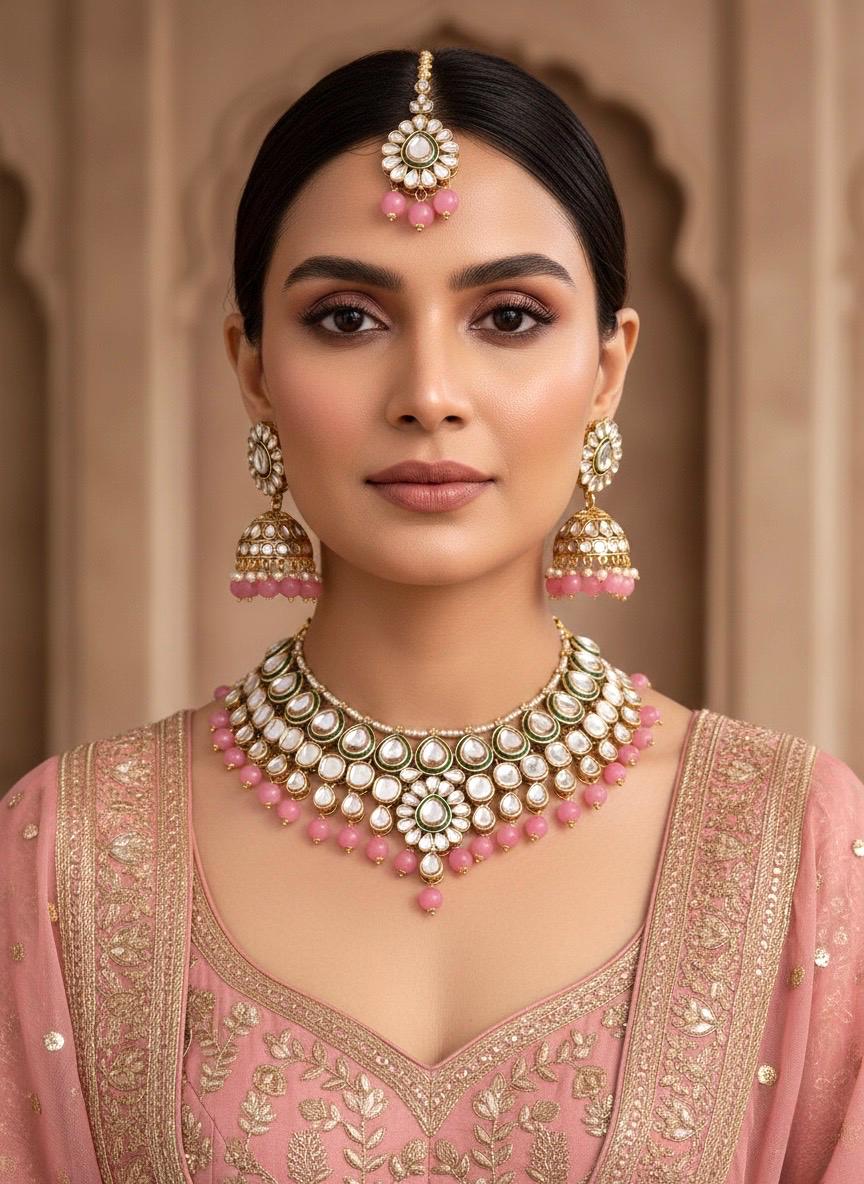 Pink Kundan necklace set wedding jewelry pakistani set bollywood jewelry punjabi indian kundan set earrings maangtika,pink necklace set