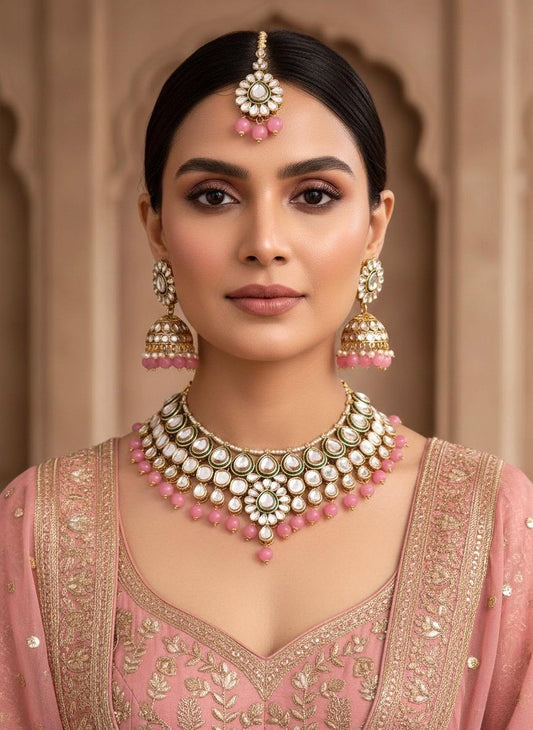 Pink Kundan necklace set wedding jewelry pakistani set bollywood jewelry punjabi indian kundan set earrings maangtika,pink necklace set