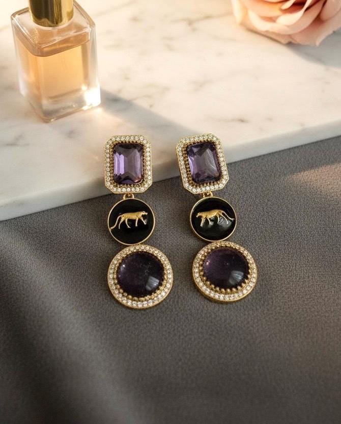 VIYA Sabyasachi inspired mauve purple earrings, Indian fusion earrings in mauve colour, indo western jewelry