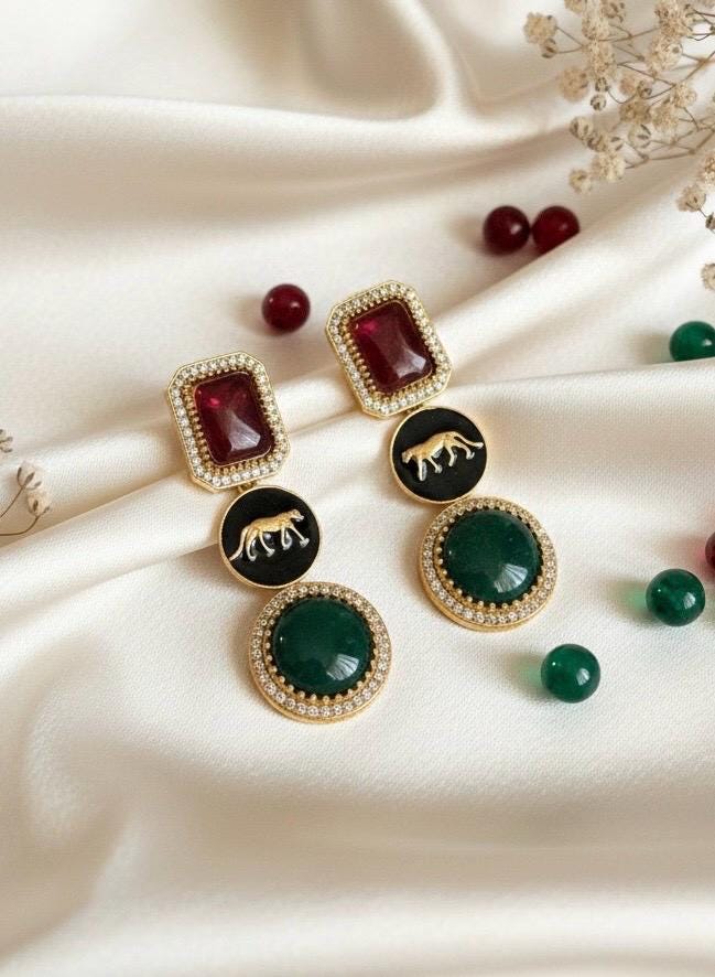VIYA Sabyasachi inspired red green earrings, Indian fusion earrings , indo western jewelry