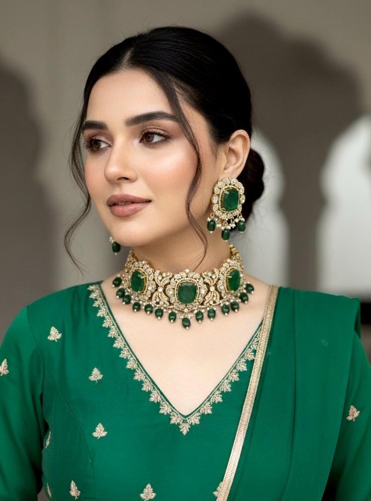 MAISHA Emerald green kundan cz choker necklace set in doublet stone,  Indian  pakistani bridal jewelry, moissanite jewelry in green colour