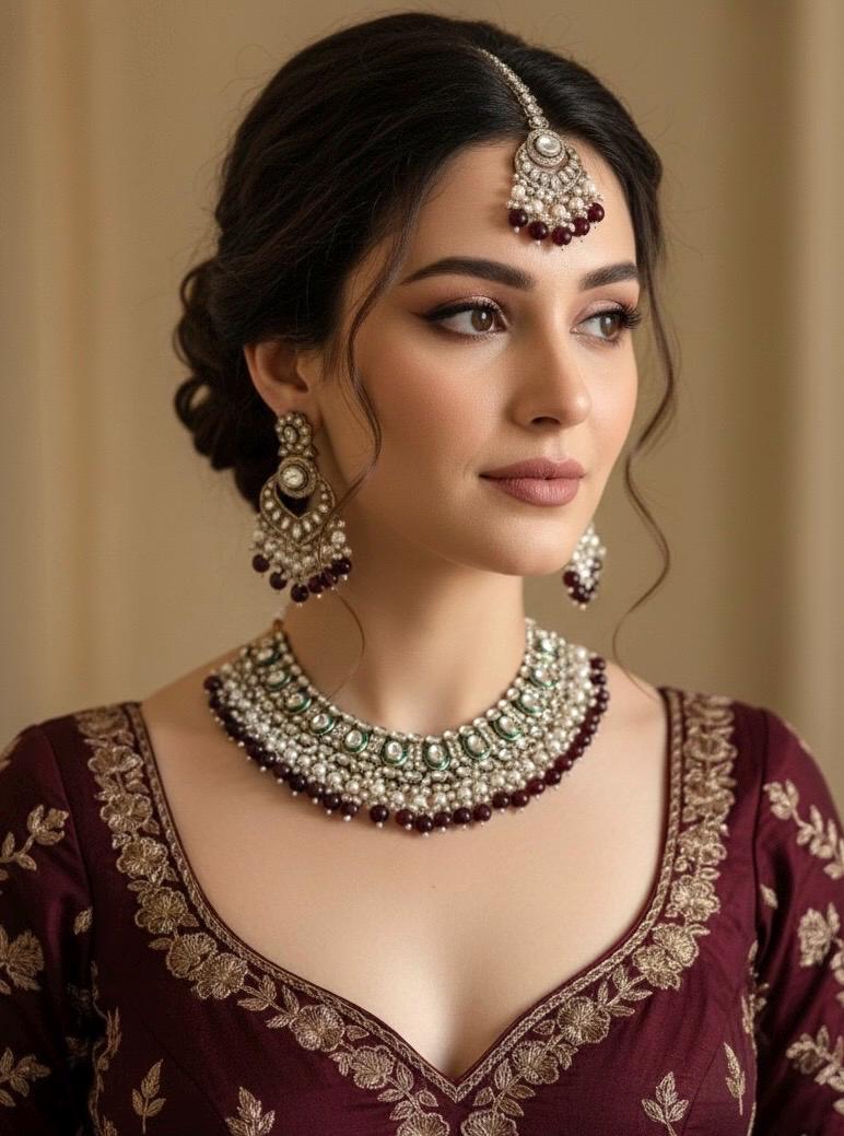 JESMINA Maroon cz kundan and zircon  Necklace set, maangtika included, Indian Pakistani wedding bridal jewelry