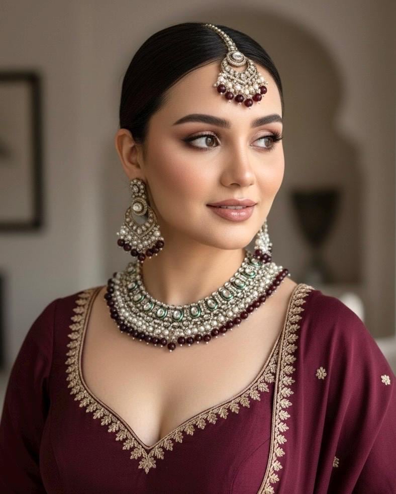 JESMINA Maroon cz kundan and zircon  Necklace set, maangtika included, Indian Pakistani wedding bridal jewelry