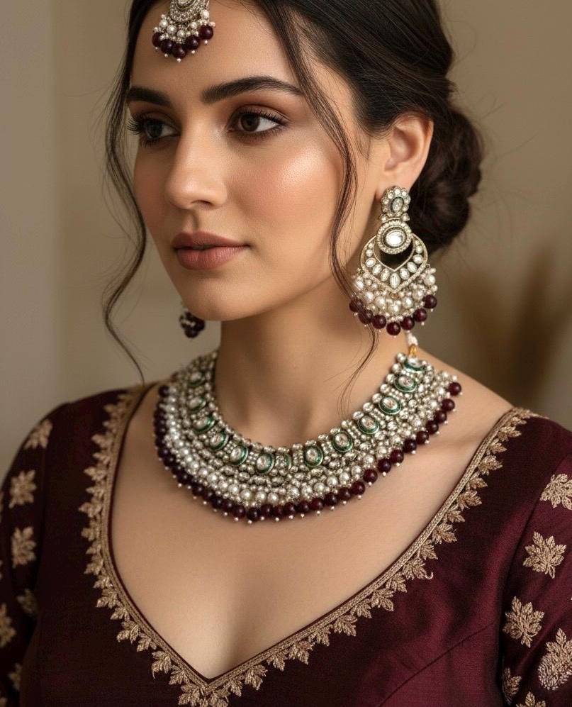 JESMINA Maroon cz kundan and zircon  Necklace set, maangtika included, Indian Pakistani wedding bridal jewelry