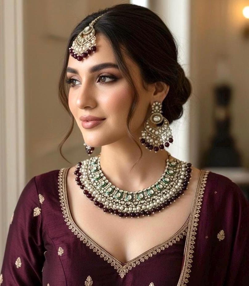JESMINA Maroon cz kundan and zircon  Necklace set, maangtika included, Indian Pakistani wedding bridal jewelry