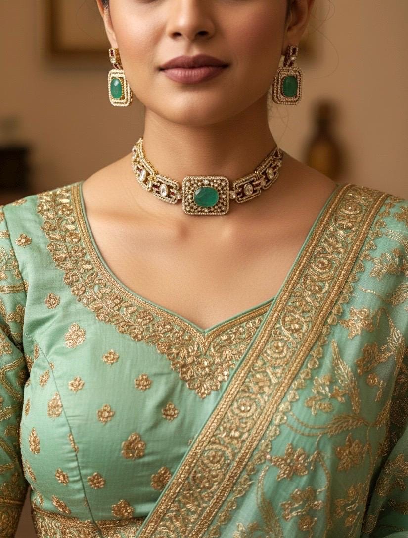 TARU Mint green choker necklace set,cz Indian Bridal jewelry,doublet stone,pakistani wedding jewellery