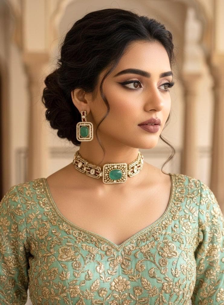 TARU Mint green choker necklace set,cz Indian Bridal jewelry,doublet stone,pakistani wedding jewellery