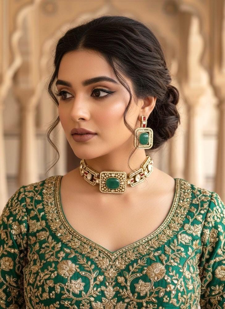 TARU Emerald green choker necklace set,cz Indian Bridal jewelry,doublet stone,pakistani wedding jewellery