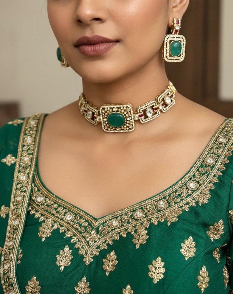 TARU Emerald green choker necklace set,cz Indian Bridal jewelry,doublet stone,pakistani wedding jewellery