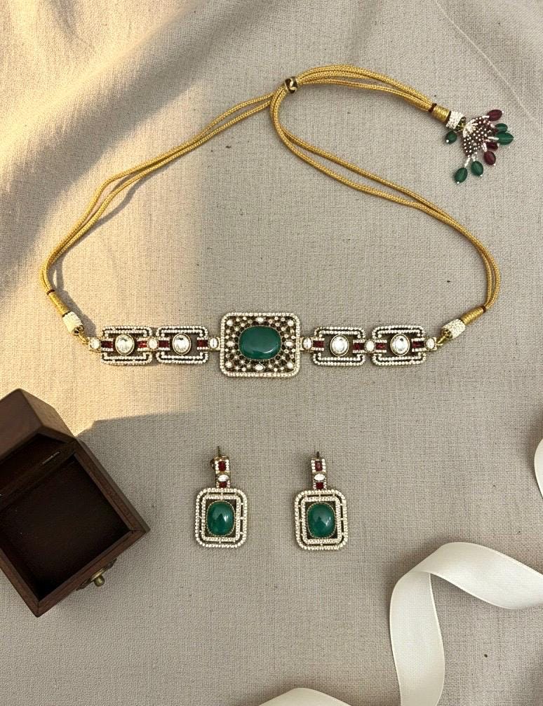 TARU Emerald green choker necklace set,cz Indian Bridal jewelry,doublet stone,pakistani wedding jewellery