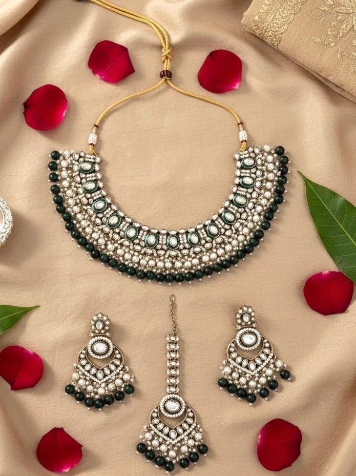 JESMINA Green cz kundan and zircon  Necklace set, maangtika included, Indian Pakistani wedding bridal jewelry