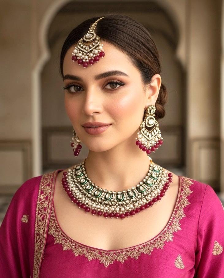 JESMINA Rani pink cz kundan and zircon  Necklace set, maangtika included,Fuchsia Indian Pakistani wedding bridal jewelry