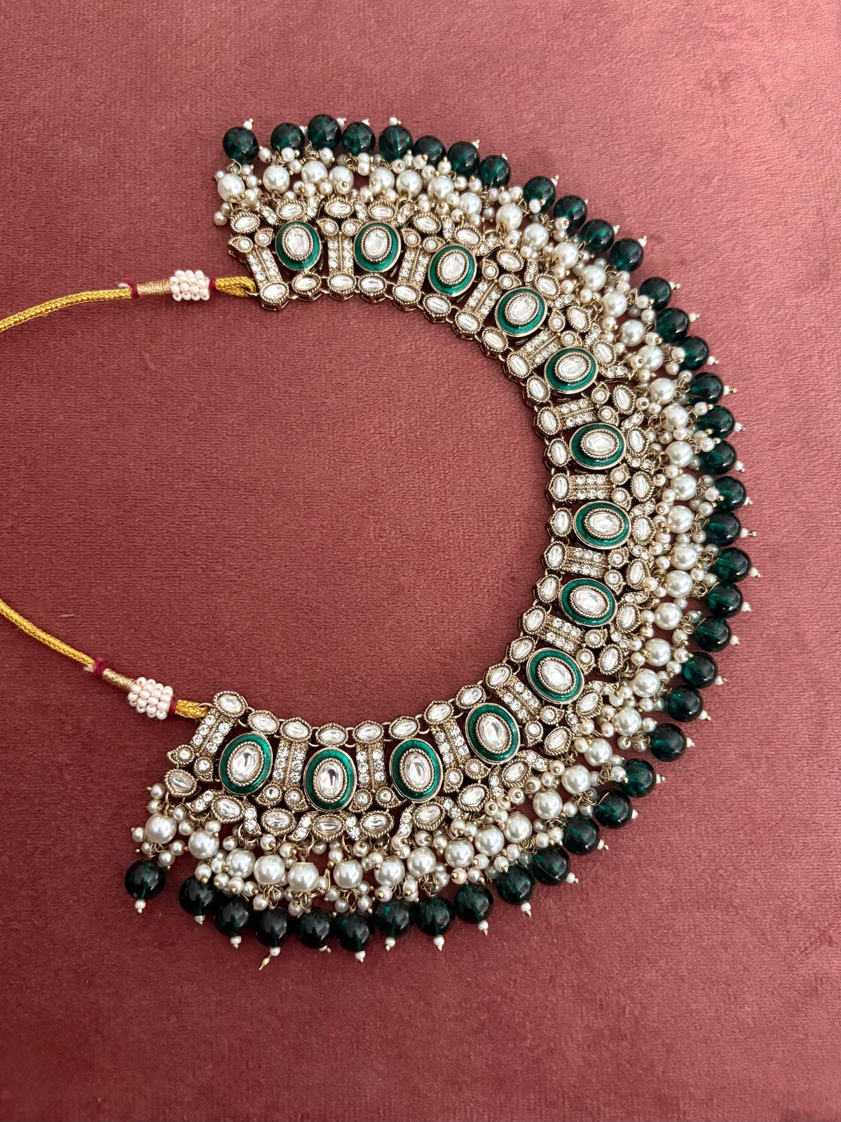 JESMINA Green cz kundan and zircon  Necklace set, maangtika included, Indian Pakistani wedding bridal jewelry
