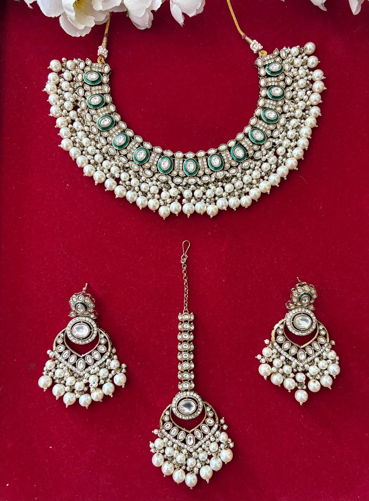 JESMINA Ivory white cz kundan and zircon  Necklace set , maangtika included, Indian Pakistani wedding bridal jewelry