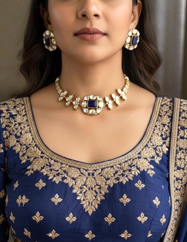 SABAA Royal blue kundan polki Choker Set