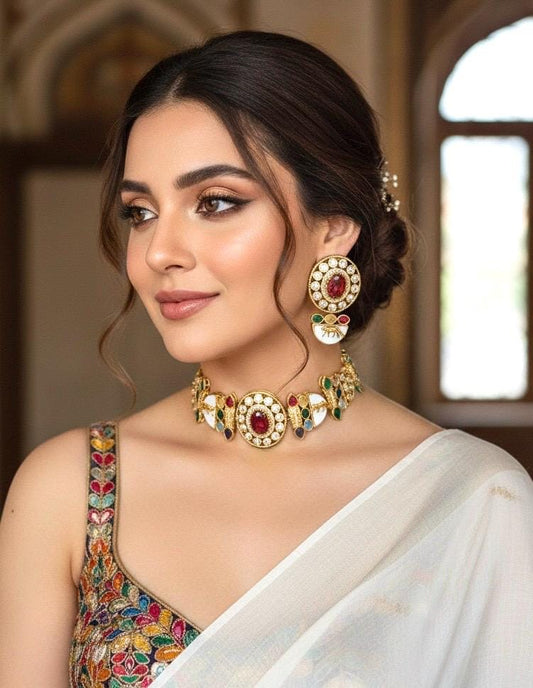NIYA Sabyasachi inspired multicoloured kundan choker with Earrings, Indian  traditional navratna jewelry