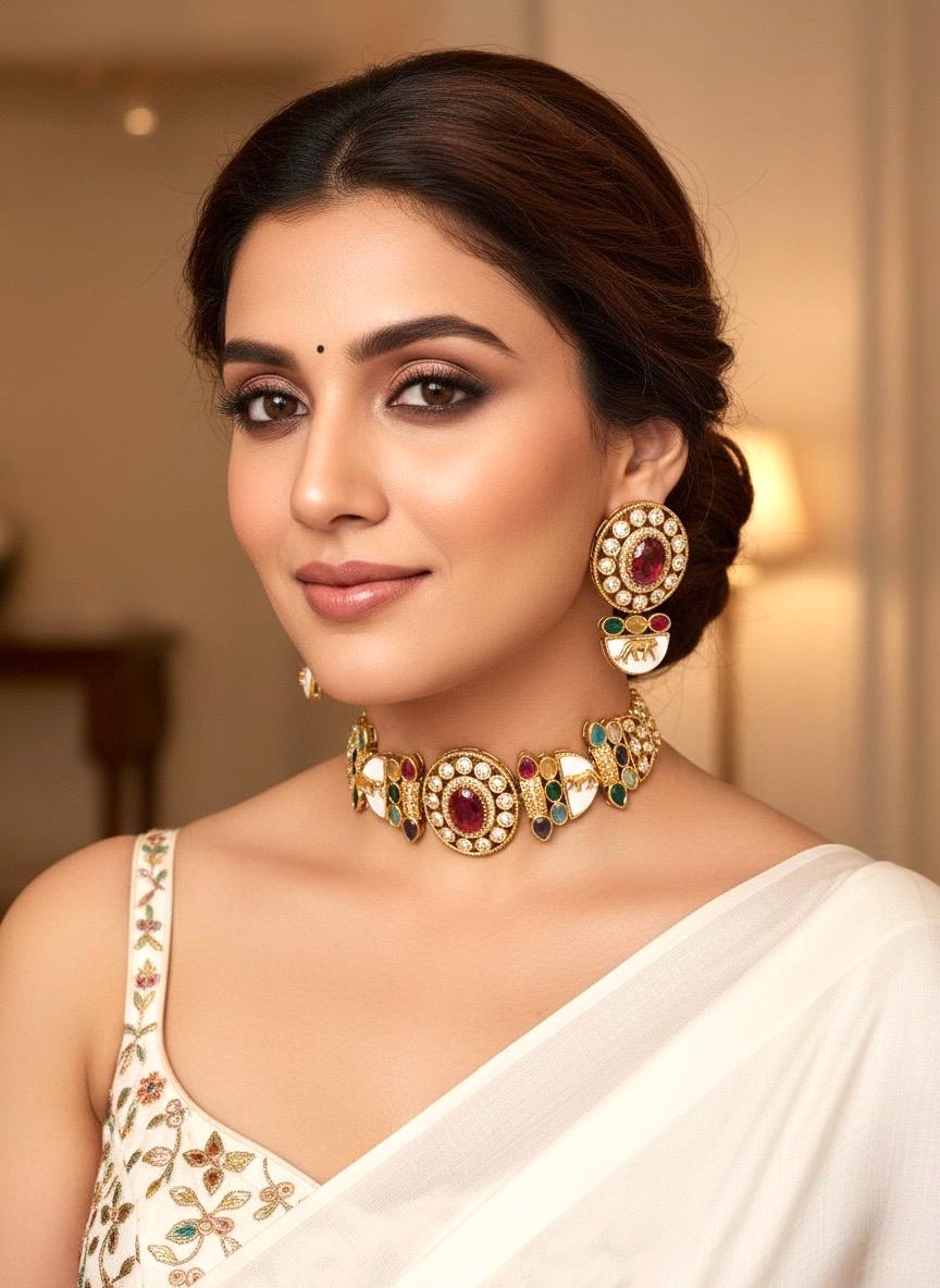 NIYA Sabyasachi inspired multicoloured kundan choker with Earrings, Indian  traditional navratna jewelry