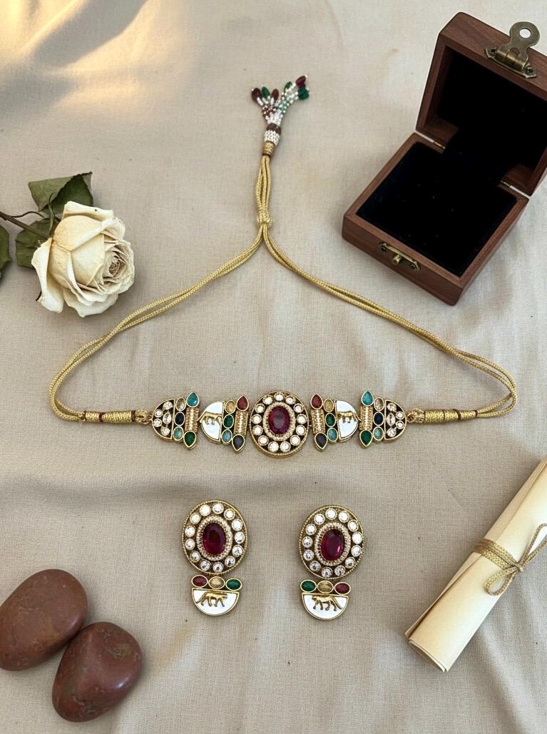 NIYA Sabyasachi inspired multicoloured kundan choker with Earrings, Indian  traditional navratna jewelry