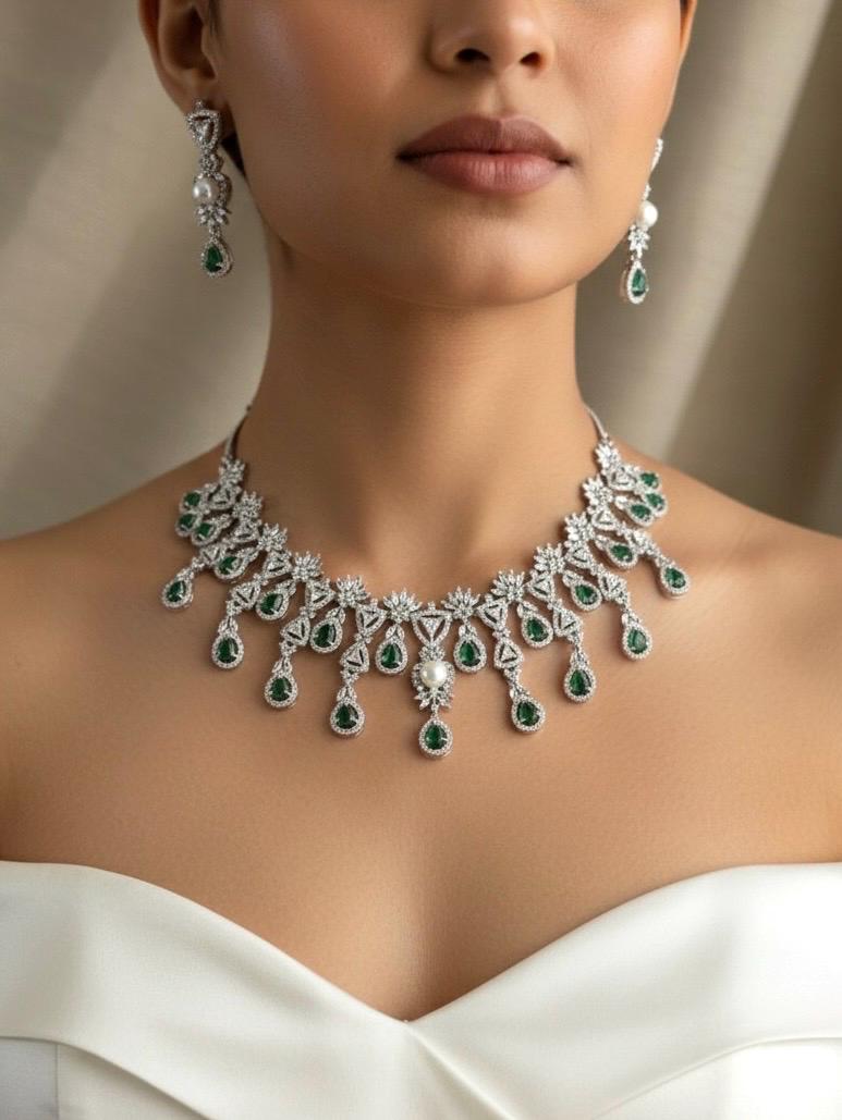 SOPHIE Emerald green American Diamond Necklace Set
