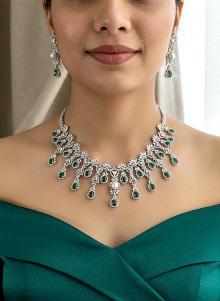 SOPHIE Emerald green American Diamond Necklace Set