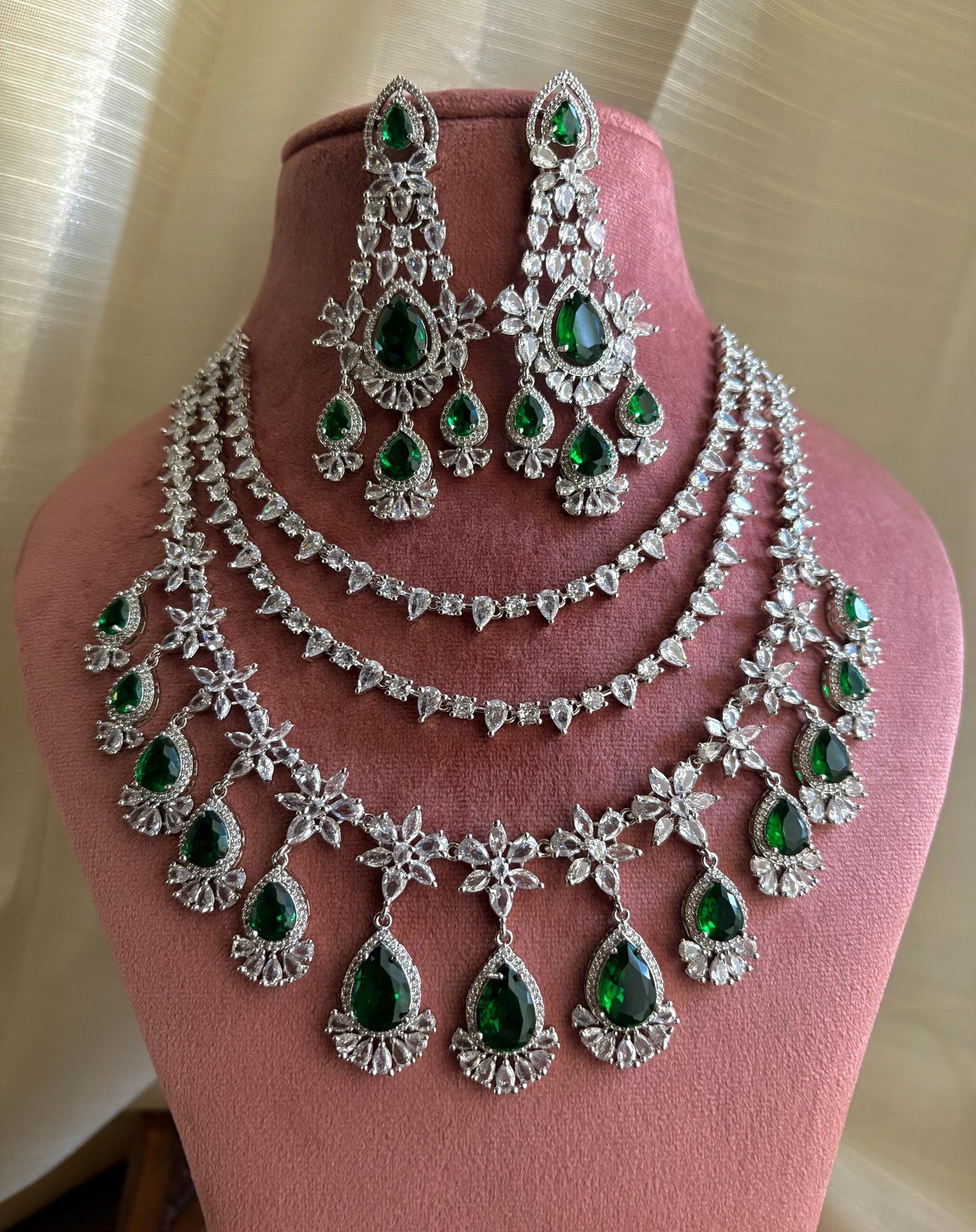 FREYA multilayered Green cz jewelry American Diamond High Quality necklace Choker set bridal wedding jewelry, Emerald green choker necklace