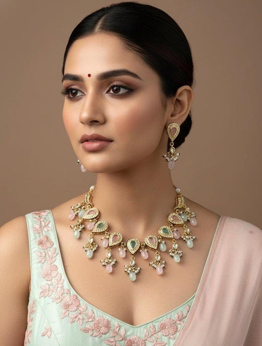 VEDIKA Sabyasachi inspired Mint pink  Fusion Kundan necklace set, indian wedding Rajwada jewelry/ pakistani jewelry