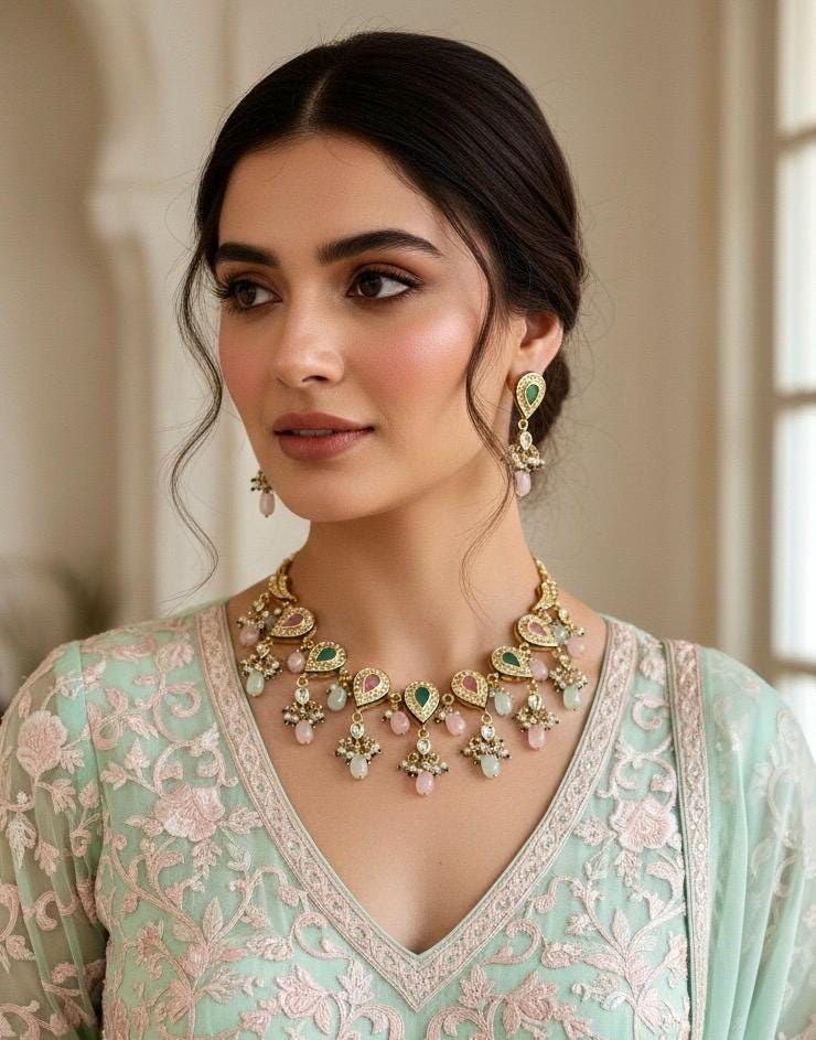 VEDIKA Sabyasachi inspired Mint pink  Fusion Kundan necklace set, indian wedding Rajwada jewelry/ pakistani jewelry