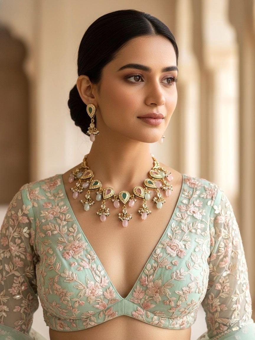 VEDIKA Sabyasachi inspired Mint pink  Fusion Kundan necklace set, indian wedding Rajwada jewelry/ pakistani jewelry