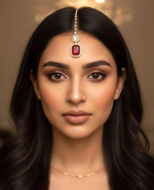 SAIRA Ruby red doublet stone maangtika in doublet stone, Indian bridal jewelry