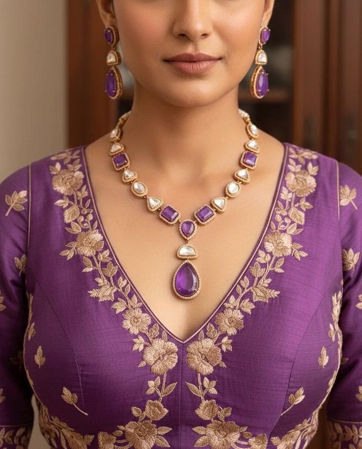 RHEA  purple necklace,Doublet Stones Uncut Polki Kundan Wedding Jewelry Necklace with Earrings,Indian Pakistani jewelry, two tone