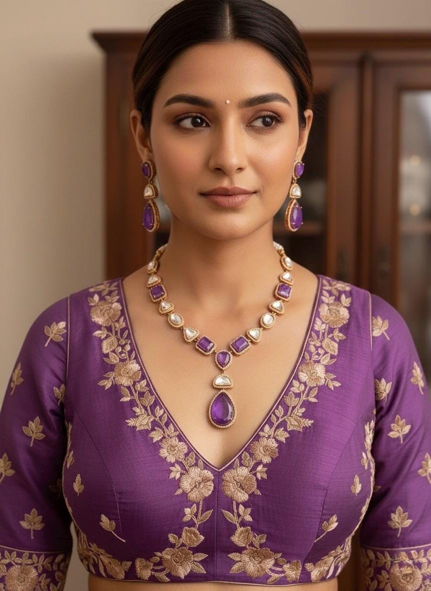 RHEA  purple necklace,Doublet Stones Uncut Polki Kundan Wedding Jewelry Necklace with Earrings,Indian Pakistani jewelry, two tone