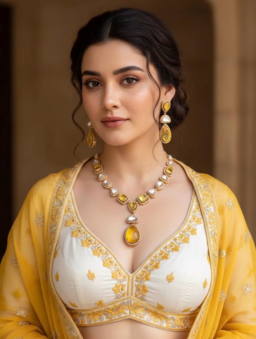 RHEA Yellow colour necklace,Doublet Stones Uncut Polki Kundan Wedding Jewelry Necklace with Earrings,Indian Pakistani jewelry, two tone