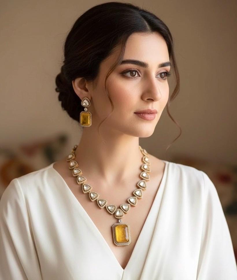 MANASVI Yellow colour necklace,Doublet Stones Victorian style Polki Kundan Wedding Jewelry Necklace with Earrings,Indian Pakistani jewelry